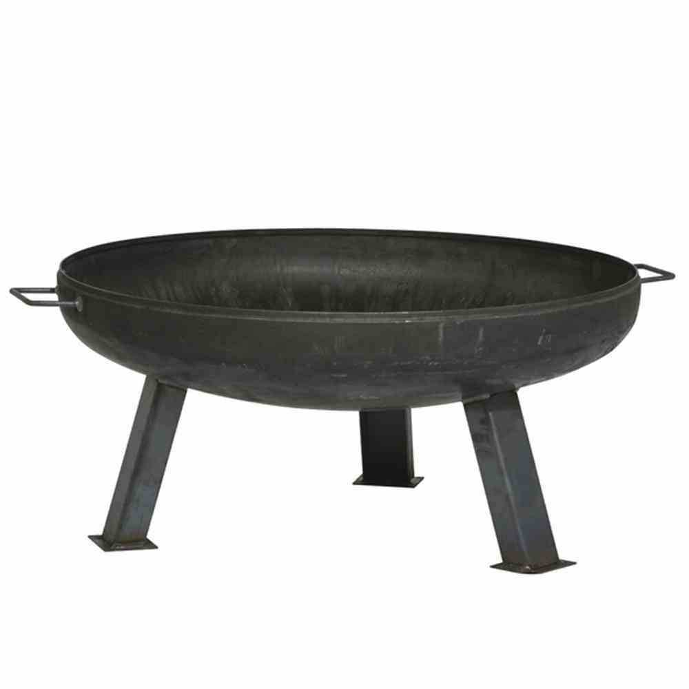 Een grote, ronde metalen vuurschaal met drie stabiele poten en zijhandgrepen, geschikt voor gebruik in de buitenlucht.