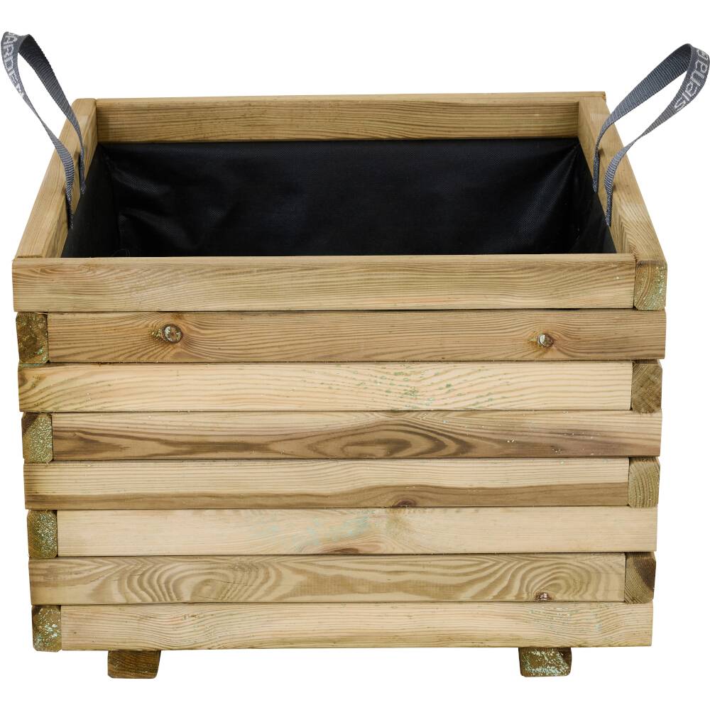 Een houten kist met twee grijze stoffen handgrepen, aan de binnenkant bekleed met zwarte stof. Ideaal voor opslag of decoratie.