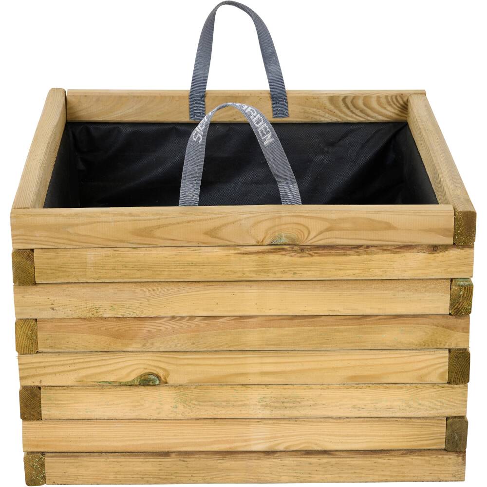 Houten lamellenkist met een zwarte binnenbekleding en draaggrepen aan de bovenkant. Ideaal voor opslag of transport.