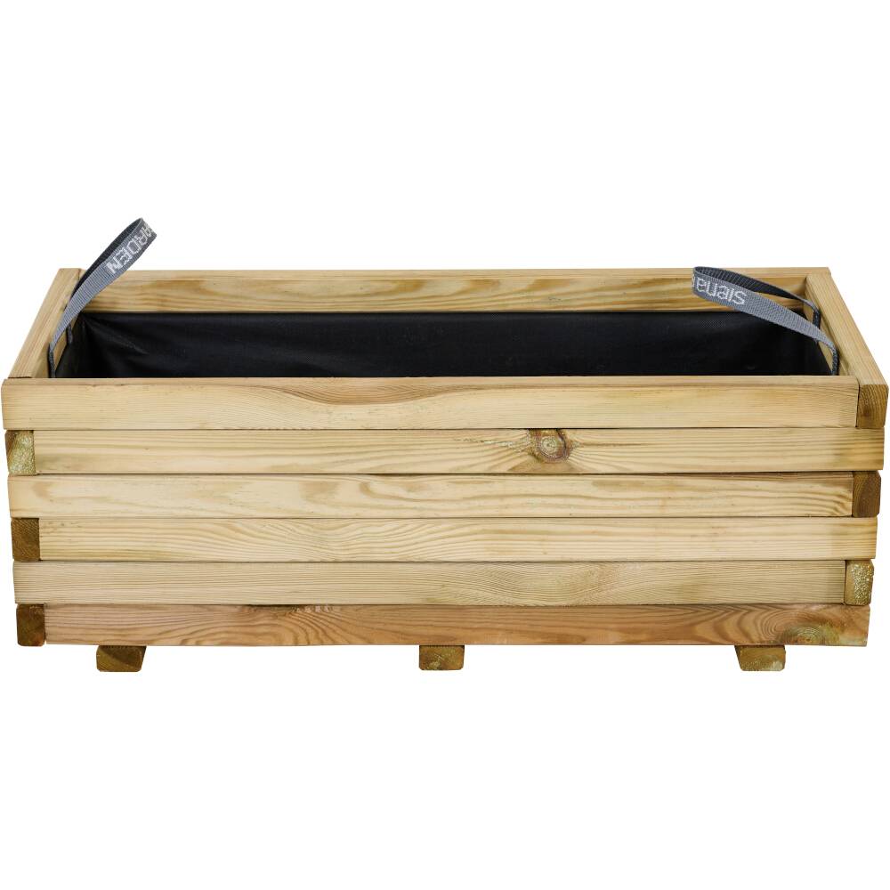 Houten kist met draaggrepen, rechthoekig en onbehandeld. Geschikt voor gebruik als decoratieve plantenbak of opslagcontainer.