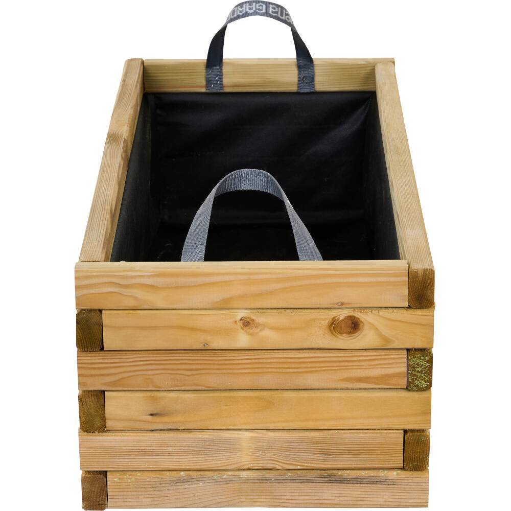 Houten kist met opgetrokken, zwarte stofinzet en grijze draaghendels.