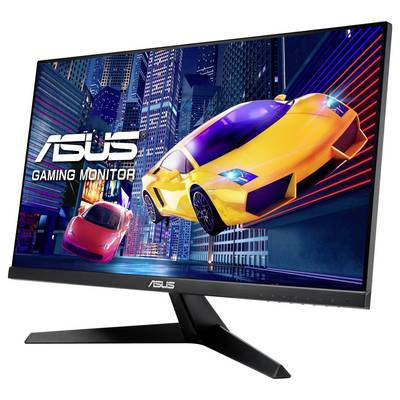 Hij toont een ASUS-gamingmonitor met een afbeelding van twee sportwagens die racen door een futuristische stadse omgeving.