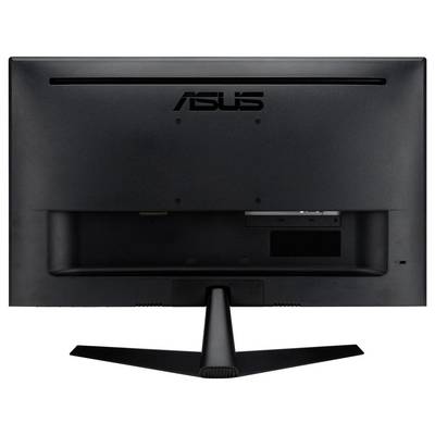 Een zwarte ASUS-monitor, gezien van achteren, toont de standaard en aansluitingen aan de onderkant.