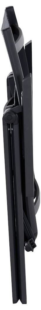 Zwart, opvouwbaar statief met slanke vormgeving en meerdere segmenten, compact ingeklapt.