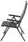 Zwarte opvouwbare stoel met hoge rugleuning, gezien van opzij; toont een minimalistisch ontwerp voor binnen- en buitengebruik.