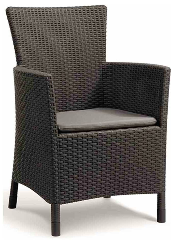 Een bruine rotan stoel met gewatteerd zitkussen, geschikt voor binnen- en buitengebruik.