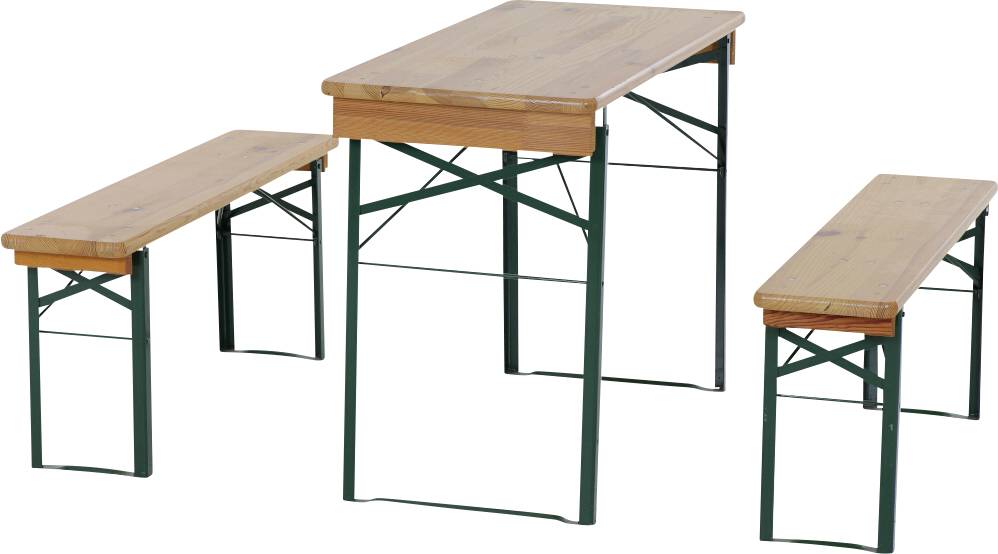 Houten biergardenmeubelset met twee banken en een tafel. Stevig metalen frame, ideaal voor buitengebruik.