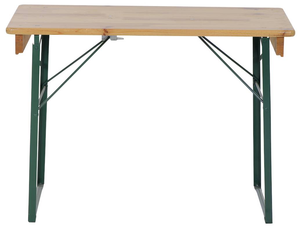 Een stabiele houten tafel met groen gelakte metalen poten. Perfect voor buitenevenementen of gebruik in de tuin.