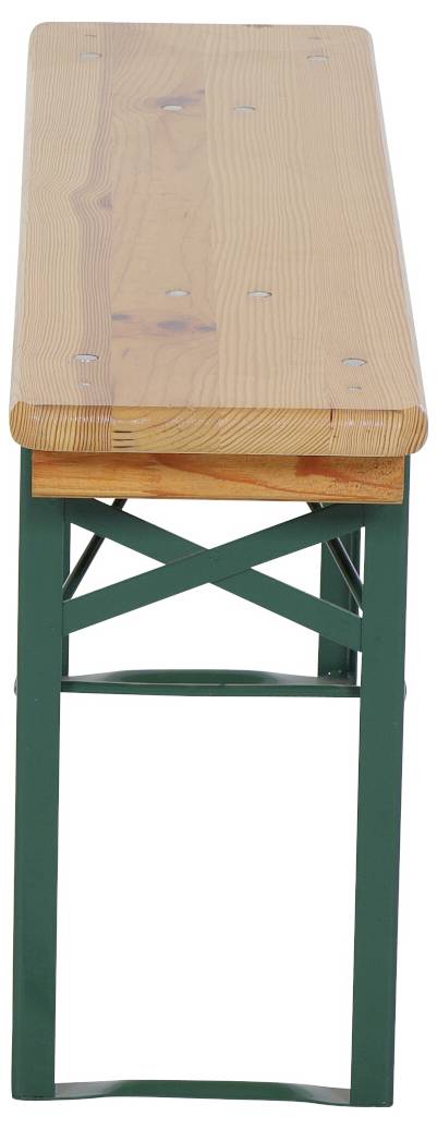 Houten bank met groen metalen frame, zijaanzicht. Geschikt voor tuinmeubels of buitenevenementen.
