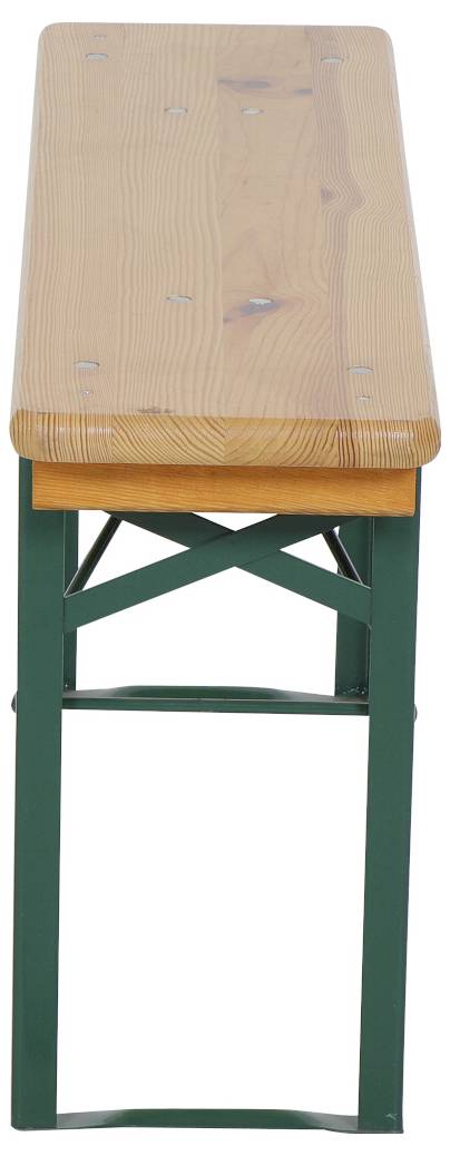 Houten bank met groen metalen frame, vooraanzicht.