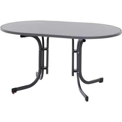 Een ovale, grijze tafel met metalen poten staat op een witte achtergrond.