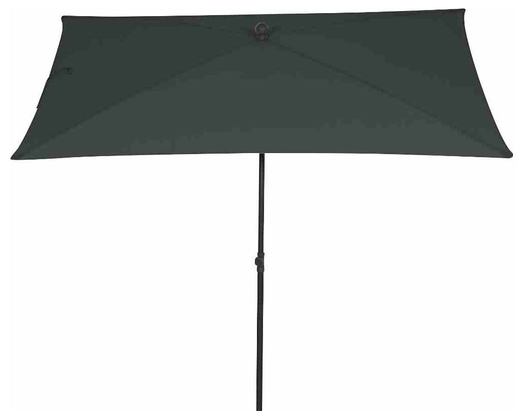 Een donkergroene rechthoekige parasol met een zwarte metalen steel, geopend en klaar voor gebruik buiten.