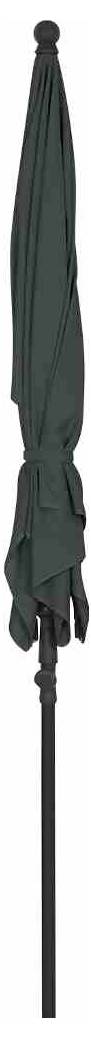 Donkergroene gesloten parasol op een zwarte standaard.