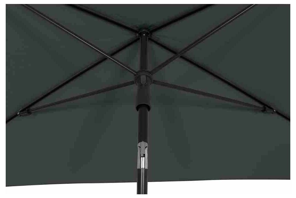 Een donkere paraplu van onderen bekeken, toont de baleinen en de centrale steel.