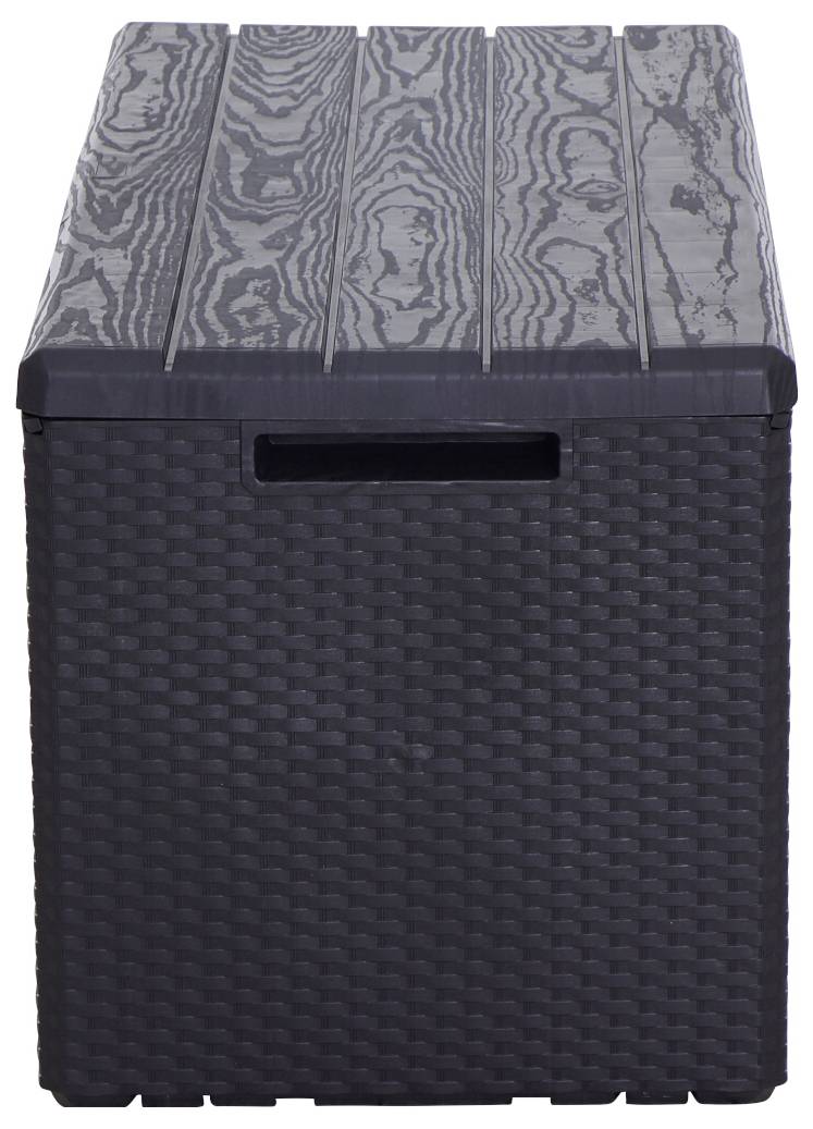 Zwarte outdoor-opbergbox met rotan-look, rechthoekige vorm, deksel met houtnerf. Ideaal voor terras of tuin.