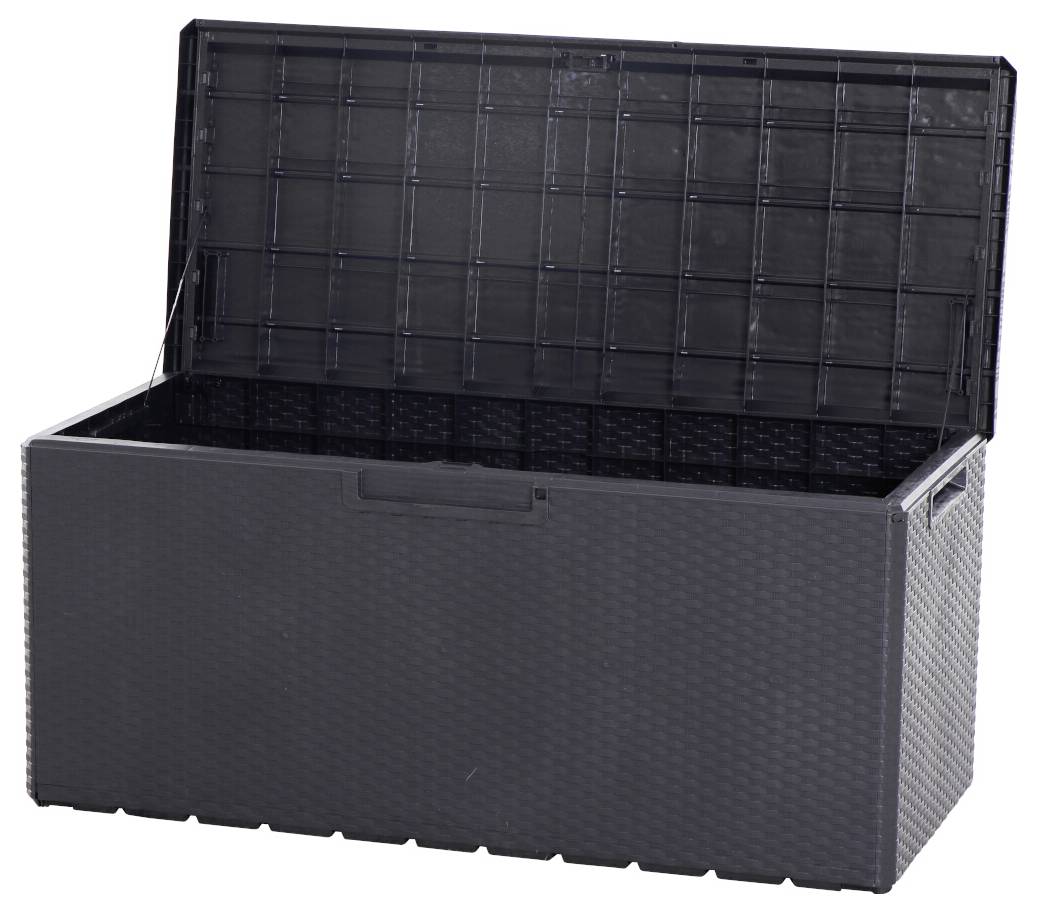 Een zwarte kunststof opbergkist met open deksel. Hij is groot en geschikt voor opslag binnen of buiten.