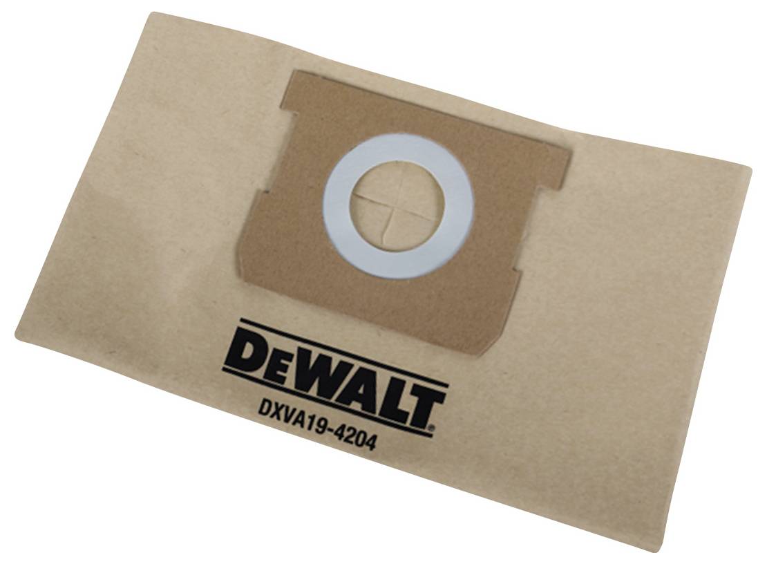 Stofzuigerzak van het merk DeWalt, model DXVA19-4204, gemaakt van bruin materiaal met een blauwe kunststofring voor bevestiging.