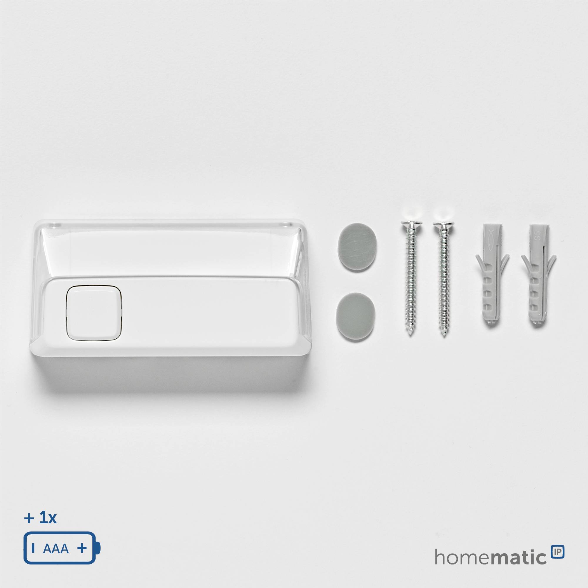 Een witte wandschakelaar met montageset, inclusief twee schroeven, pluggen en twee platte metalen onderdelen. Vereist één AAA-batterij.