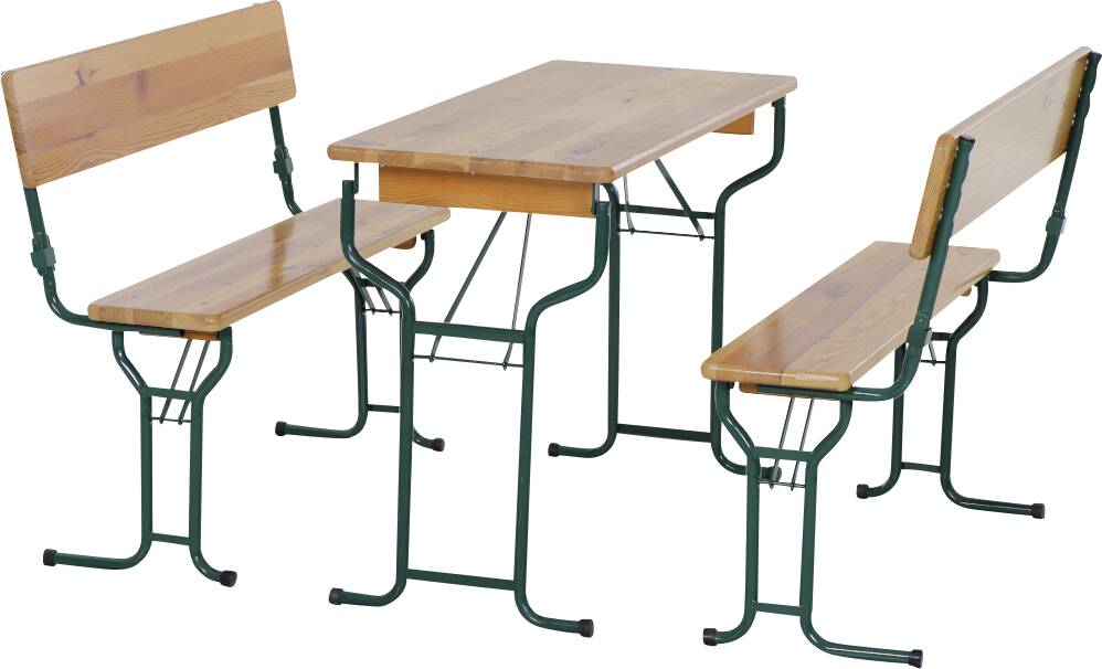 Houten biertafelset met twee banken en een tafel op metalen frame, geschikt voor tuinfeesten en buitenevenementen.