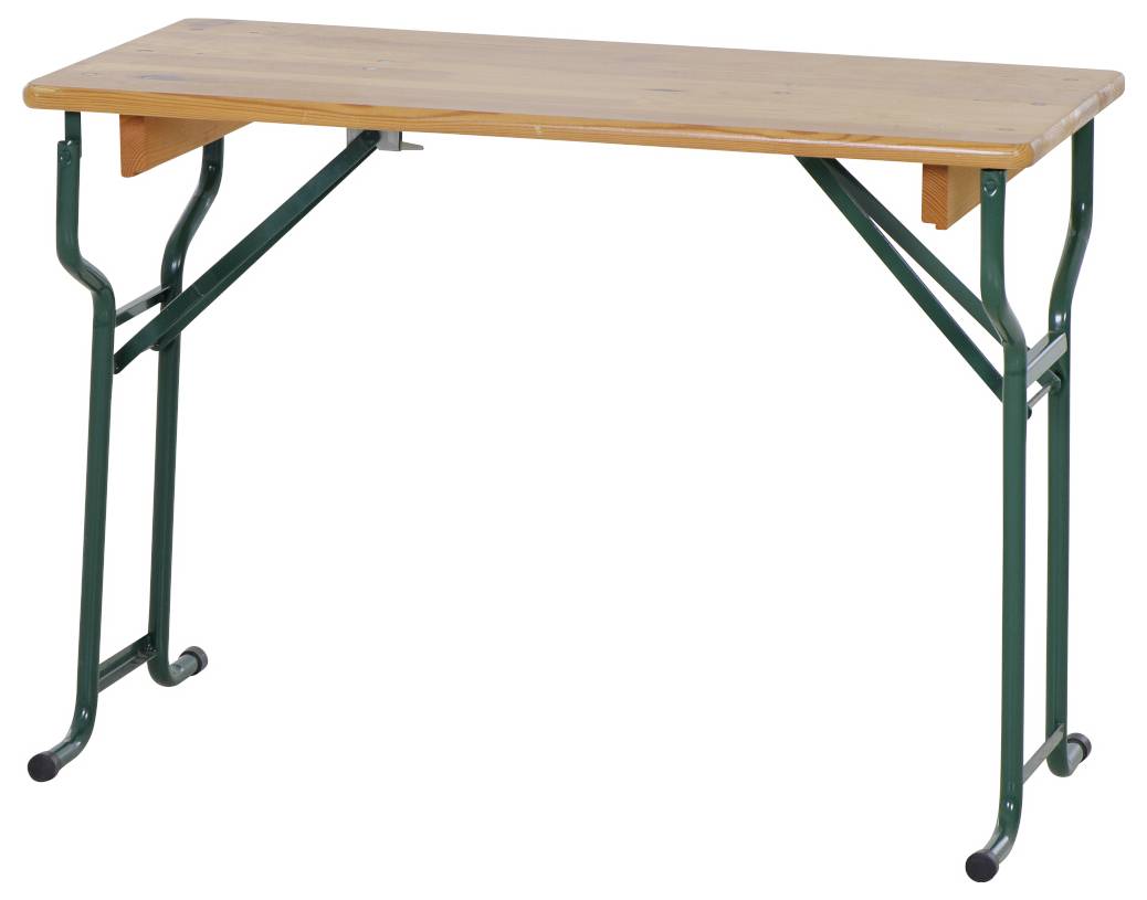 Een eenvoudige houten tafel met groene metalen poten, zoals vaak gebruikt bij biertafelsets. Ideaal voor buitenevenementen.