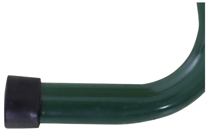 Groene metalen haak met zwarte dop, gebogen aan het uiteinde.