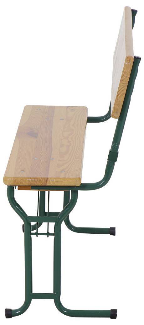 Houten bank met metalen frame, zijaanzicht. De zitplaats en rugleuning bestaan uit houten latten, het frame is groen.