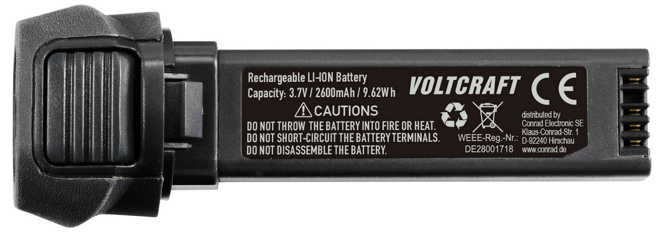Een oplaadbare lithium-ion-accu van Voltcraft met een capaciteit van 3,7V/2600mAh. Let op de waarschuwingen op de verpakking.
