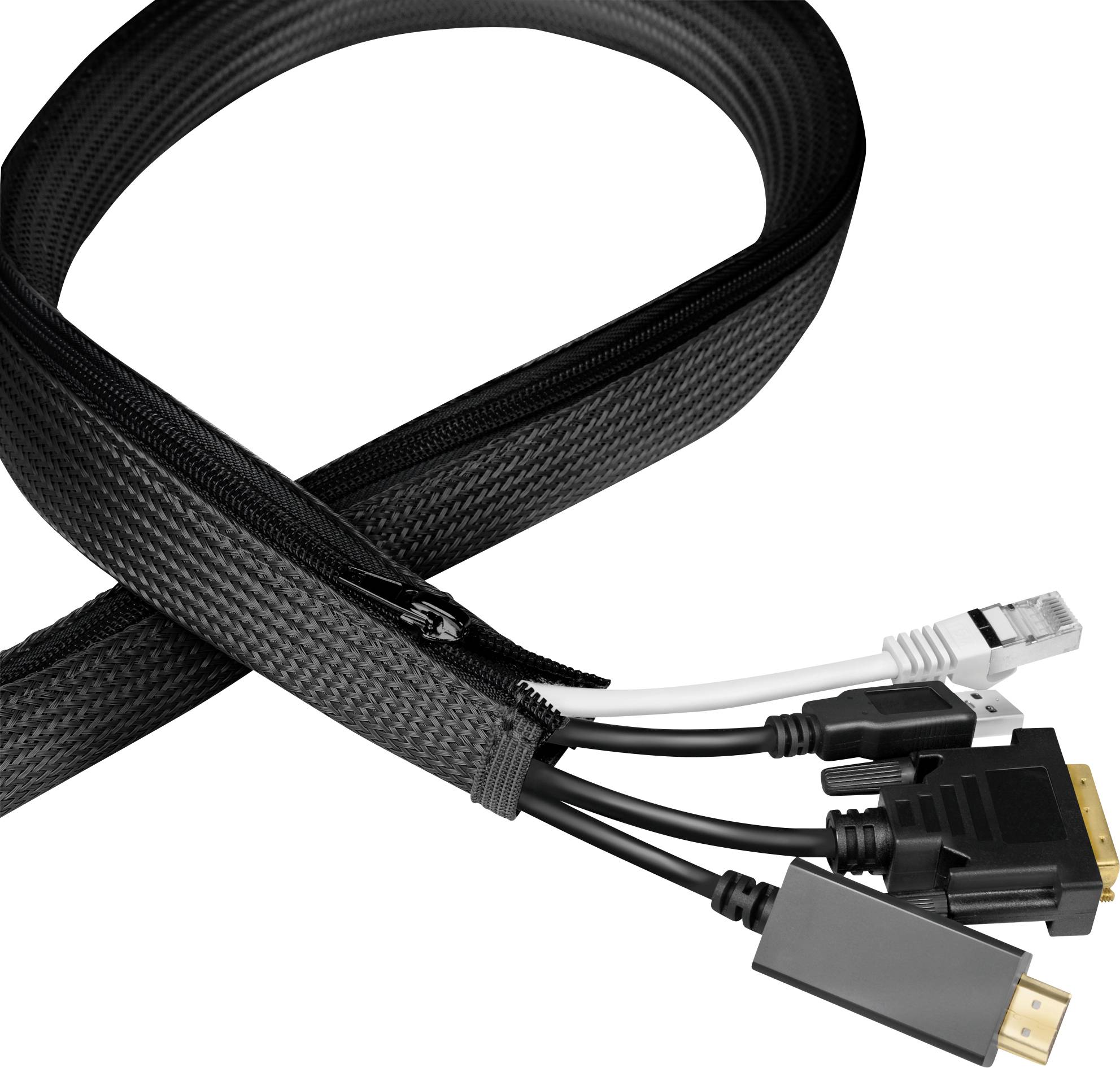 Een zwarte kabelgoot die meerdere kabels bundelt, waaronder HDMI- en Ethernet-kabels, voor een nette kabelindeling.
