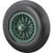 Zwart massief rubberwiel met groene kunststof velg, geschikt voor handkarren en vergelijkbare toepassingen. Afmetingen: 4.80/4.00-8.