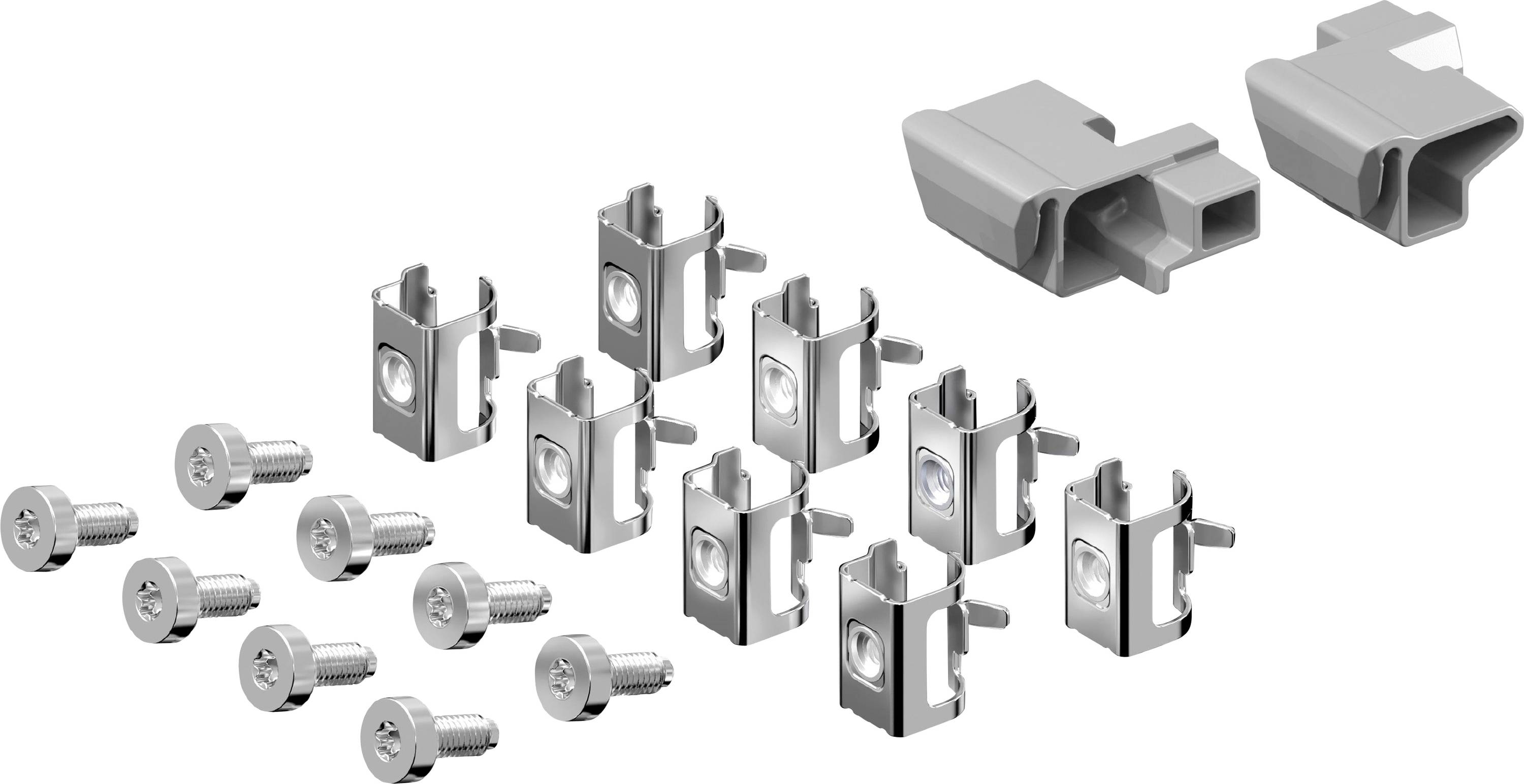 Verschillende zilveren schroeven en metalen montagedelen, samen met grijze kunststof afdekplaten, vermoedelijk bedoeld voor een constructie of montage.