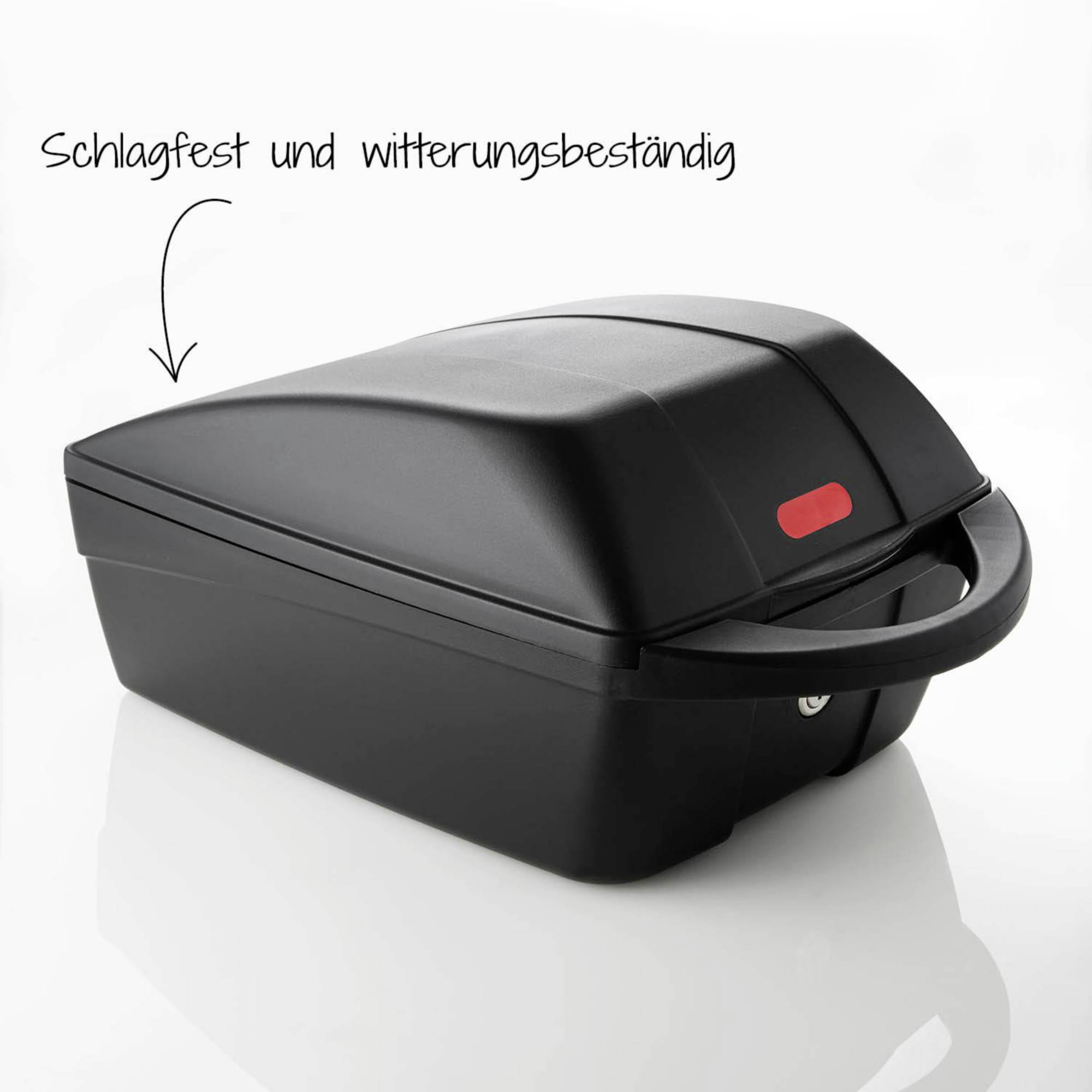 Een zwarte, robuuste transportkoffer met een handgreep en een slot. Opschrift: 'Slagvast en weersbestendig'.