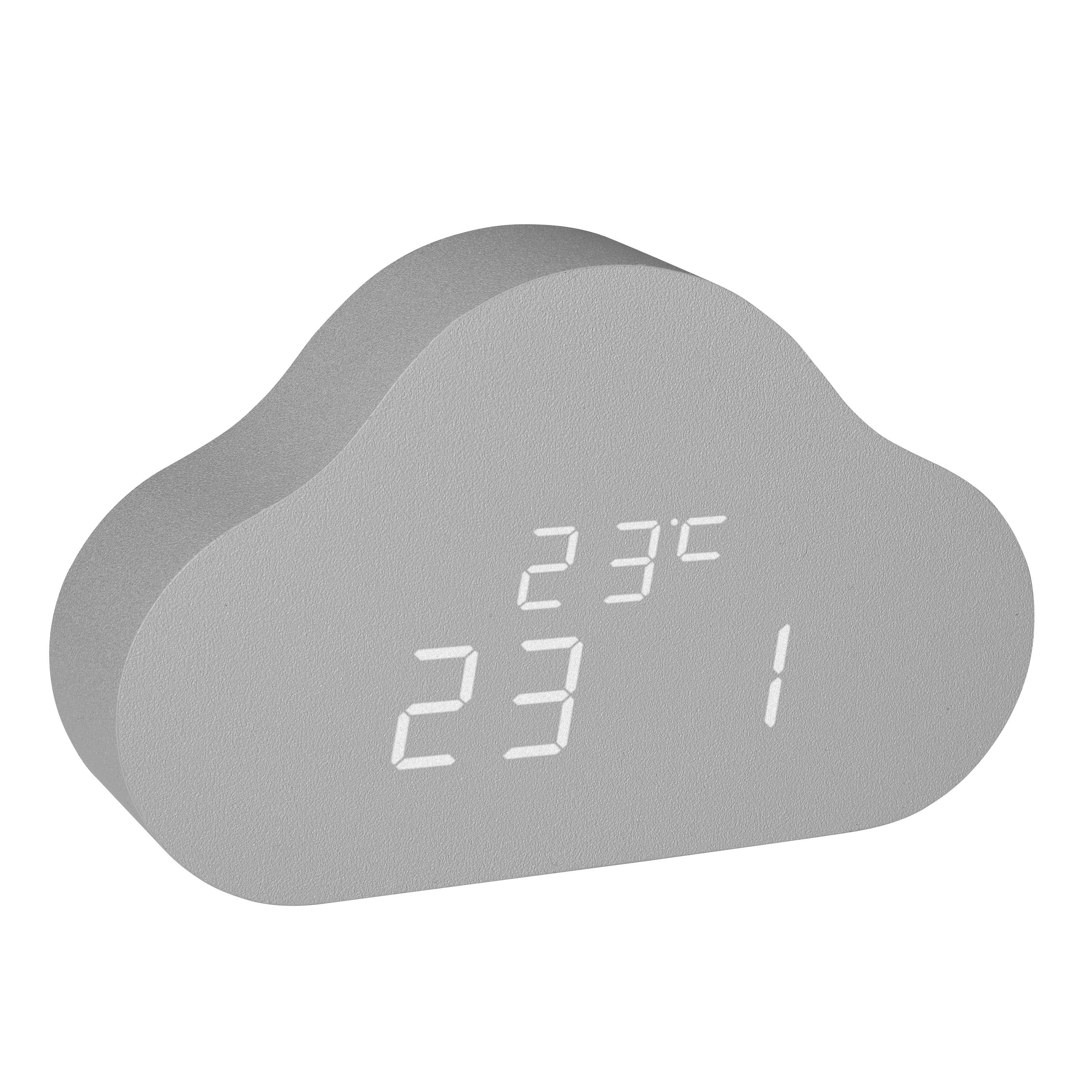 Grijze, wolkvormige digitale klok met witte weergave toont '23°C 23 1'.