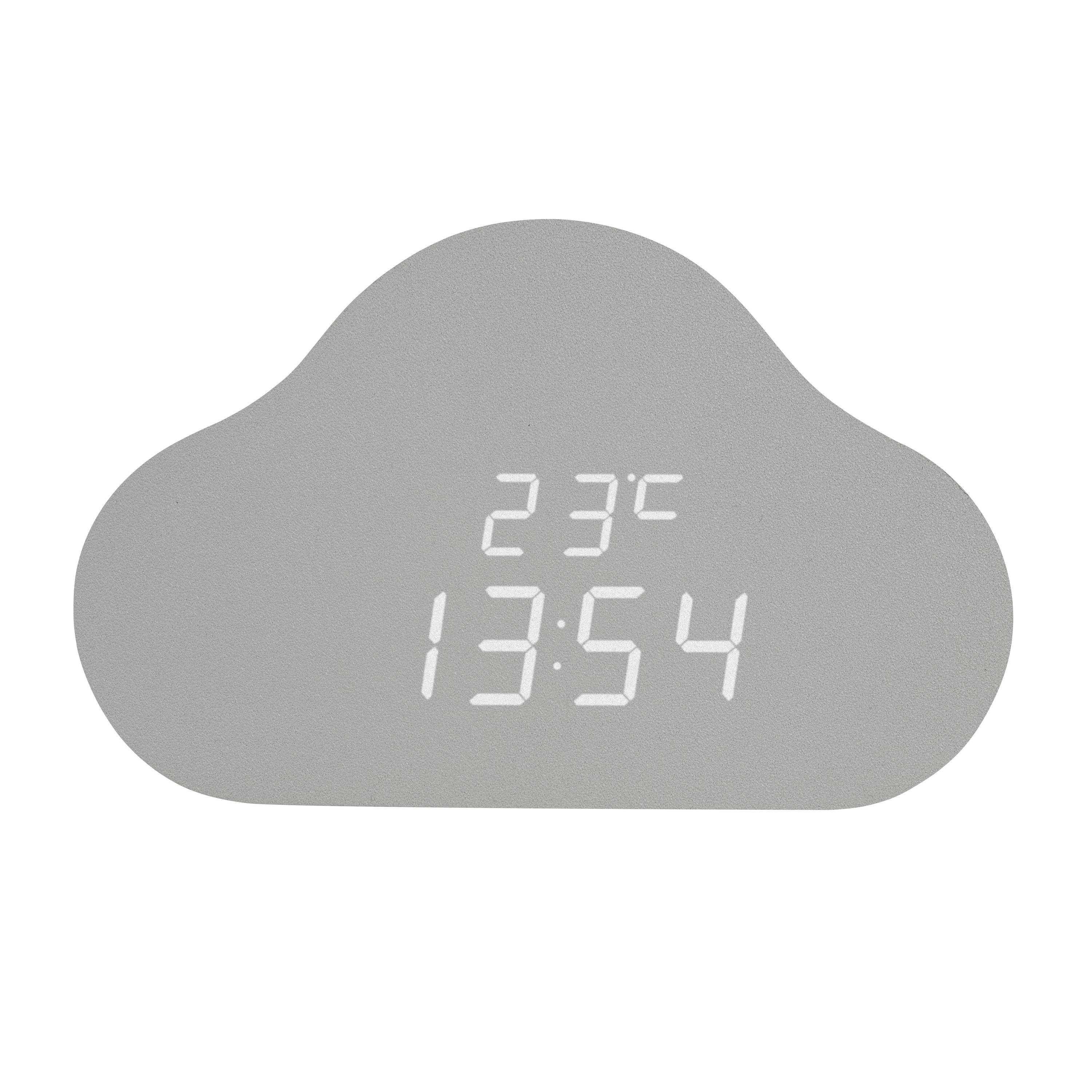 Grijs, wolkvormig display toont '23°C' temperatuur en '13:54' tijdstip in witte letters.