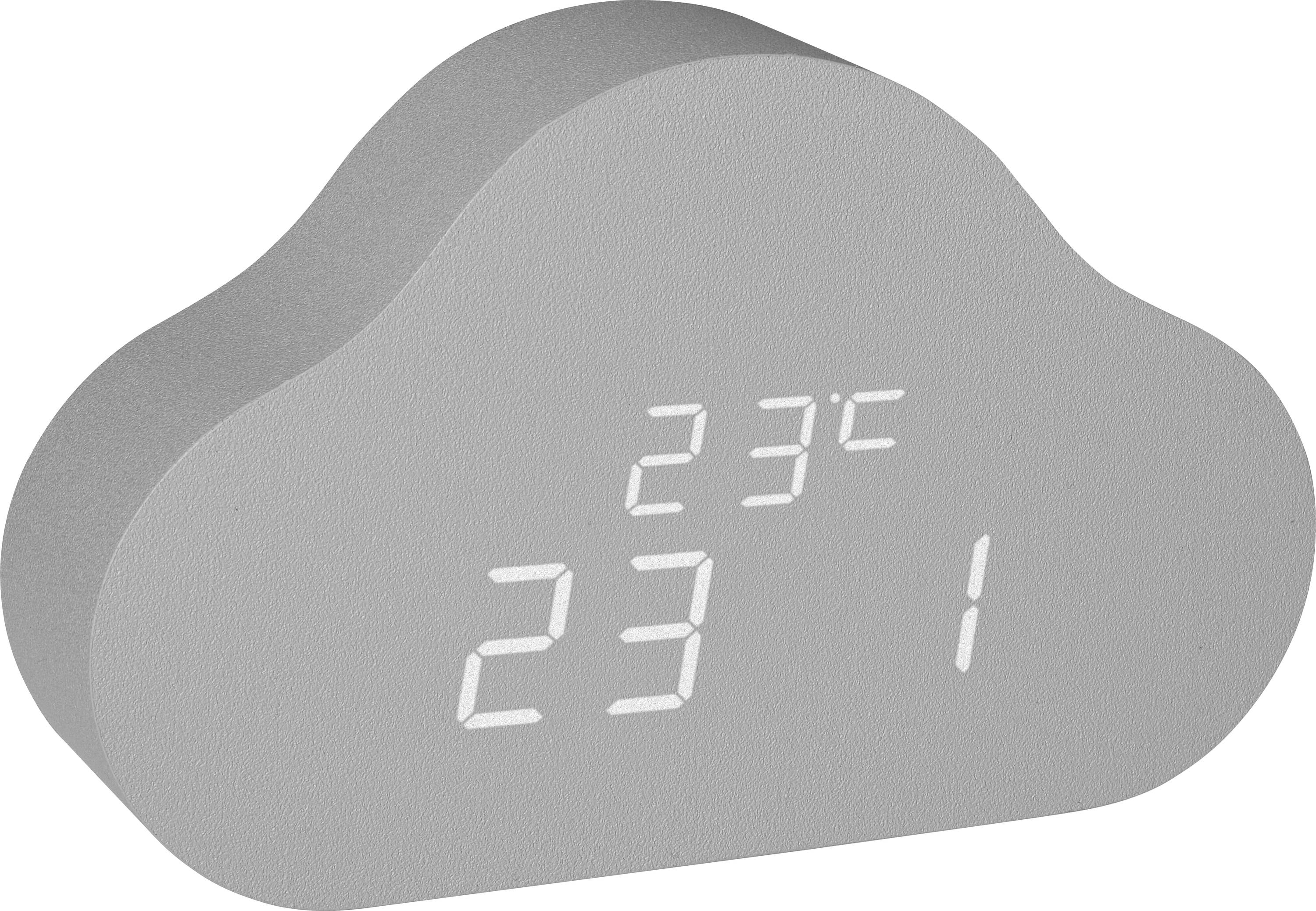 Grijze, wolkvormige klok met digitale weergave toont '23°C' en '23:1'.