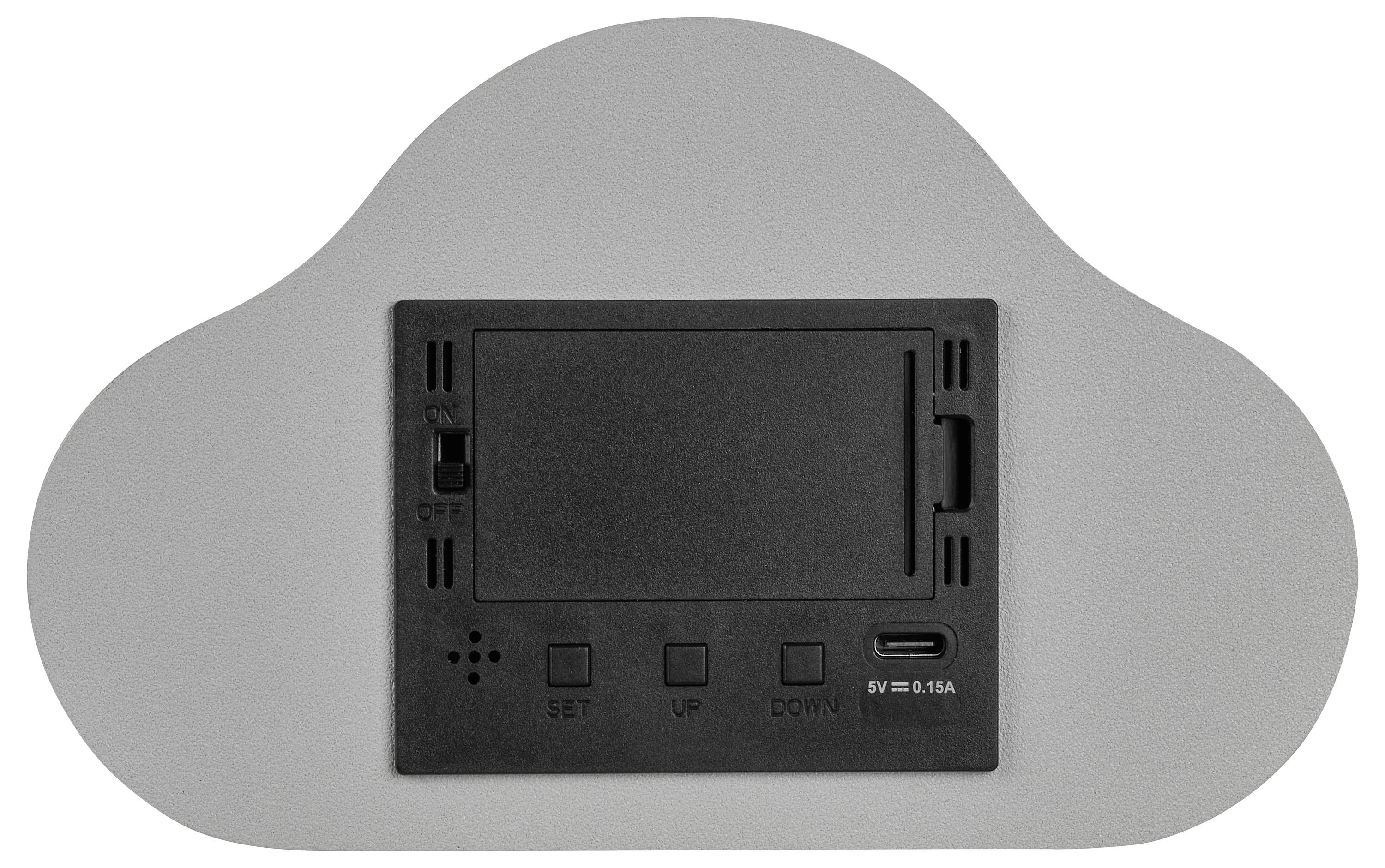 Een grijs, wolkvormig apparaat met een zwart display in het midden. Daaronder bevinden zich knoppen voor 'SET', 'UP', 'DOWN' en een USB-aansluiting.