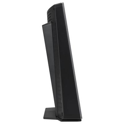 Een zwart computerscherm in zijaanzicht toont zijn slanke vorm en robuuste basis, geschikt voor moderne werkplekken.