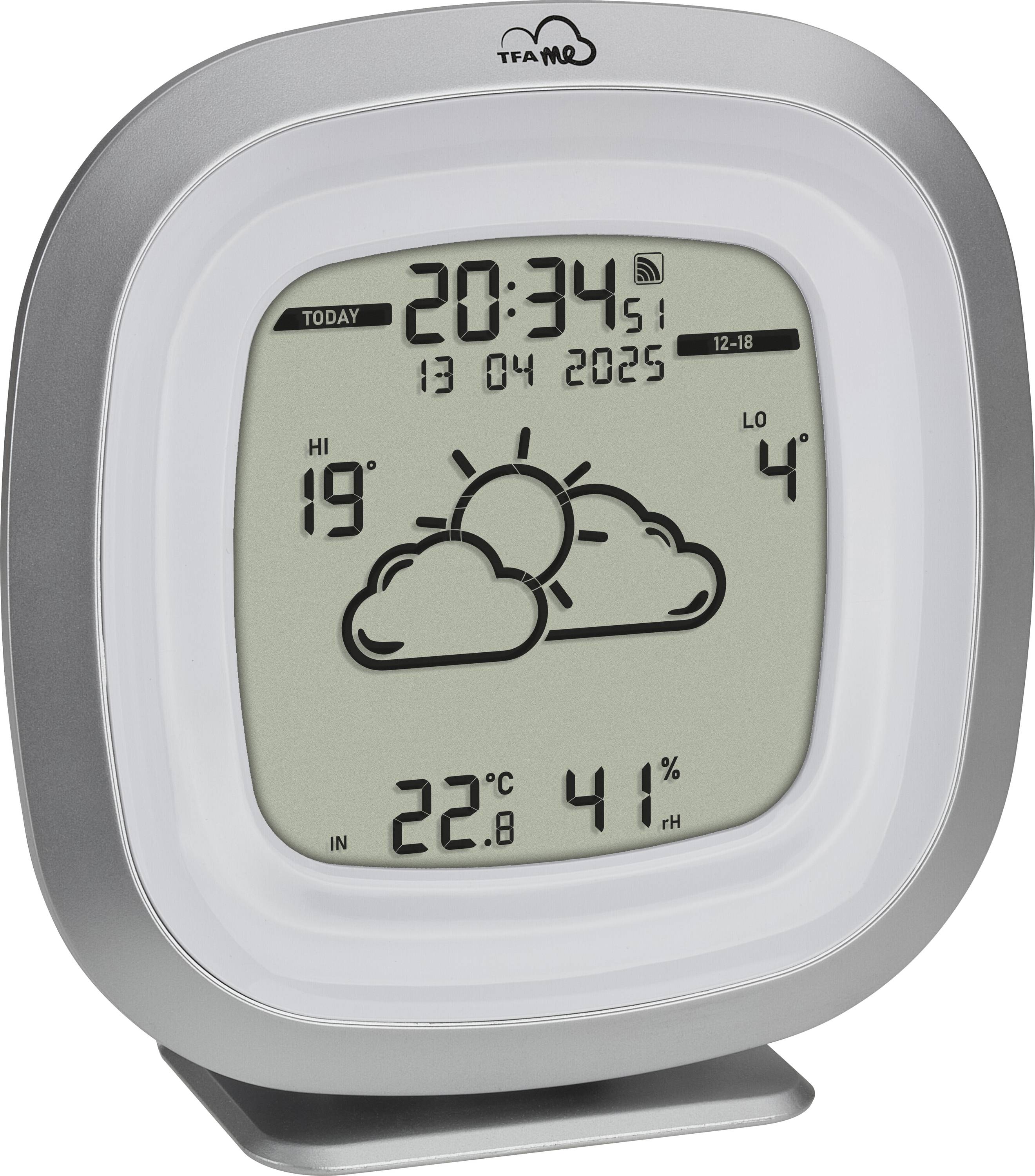 Digitale thermometer met klok. Toont 20:34 uur, datum 13-04-2025. Weer: Bewolkt, 19°C maximum, 4°C minimum.