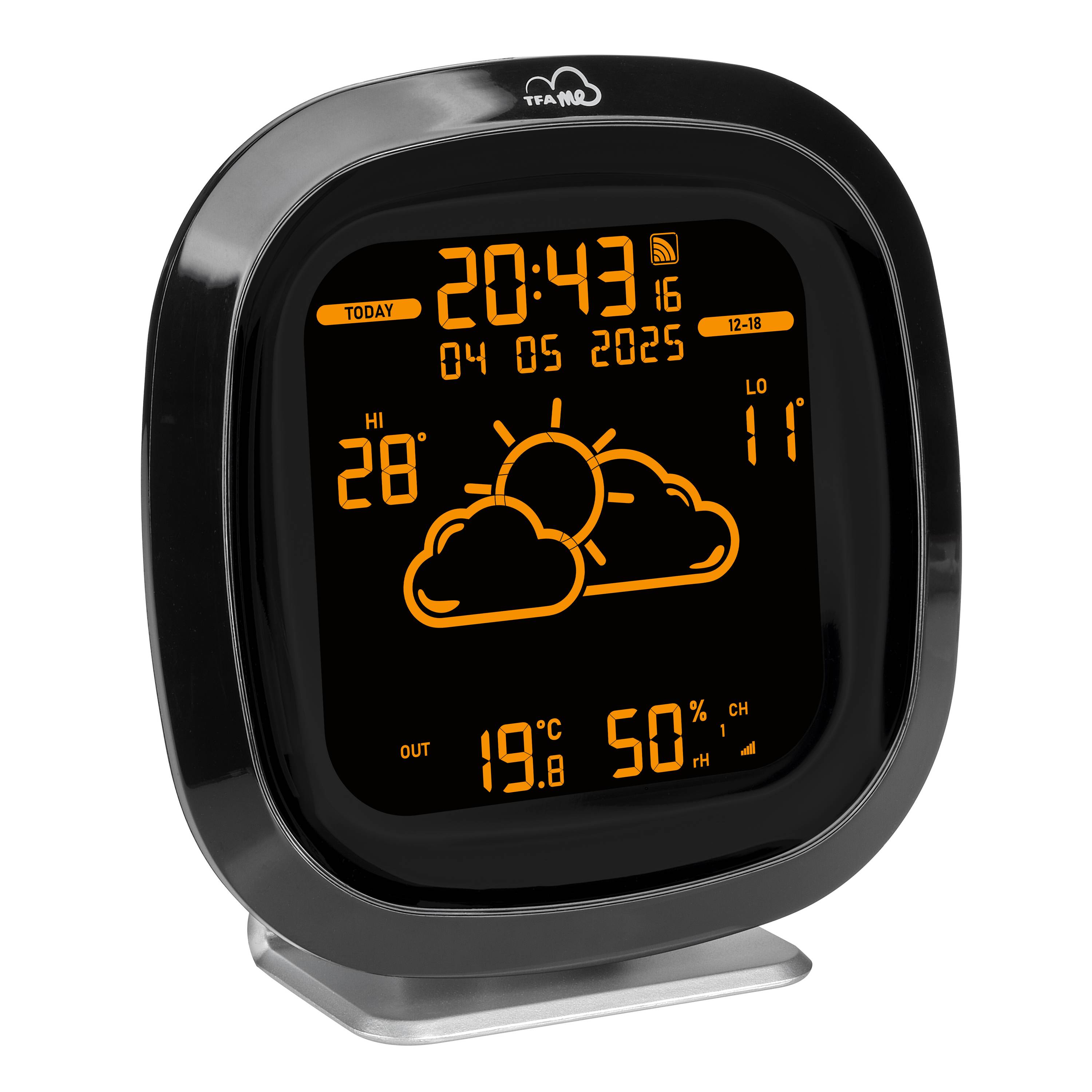 Digitaal weerstation-display toont tijd (20:43), datum (04-05-2025), binnen- en buitentemperaturen (28°C en 11°C) en luchtvochtigheid (50%).