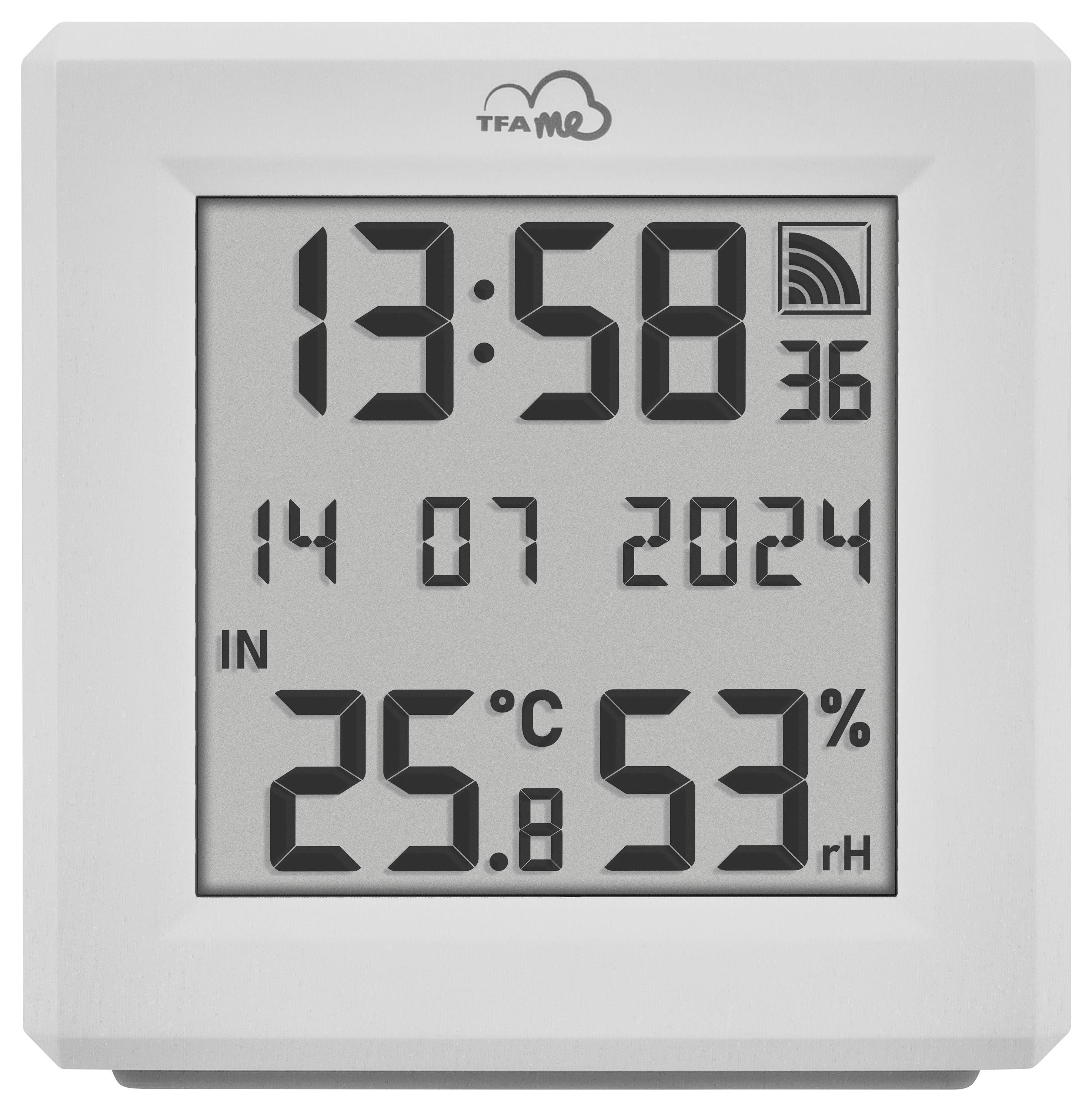 Digitale klok met weekdag, datum en temperatuurweergave. Toont 13:58 uur, 14-07-2024, binnentemperatuur 25°C en luchtvochtigheid 53%.