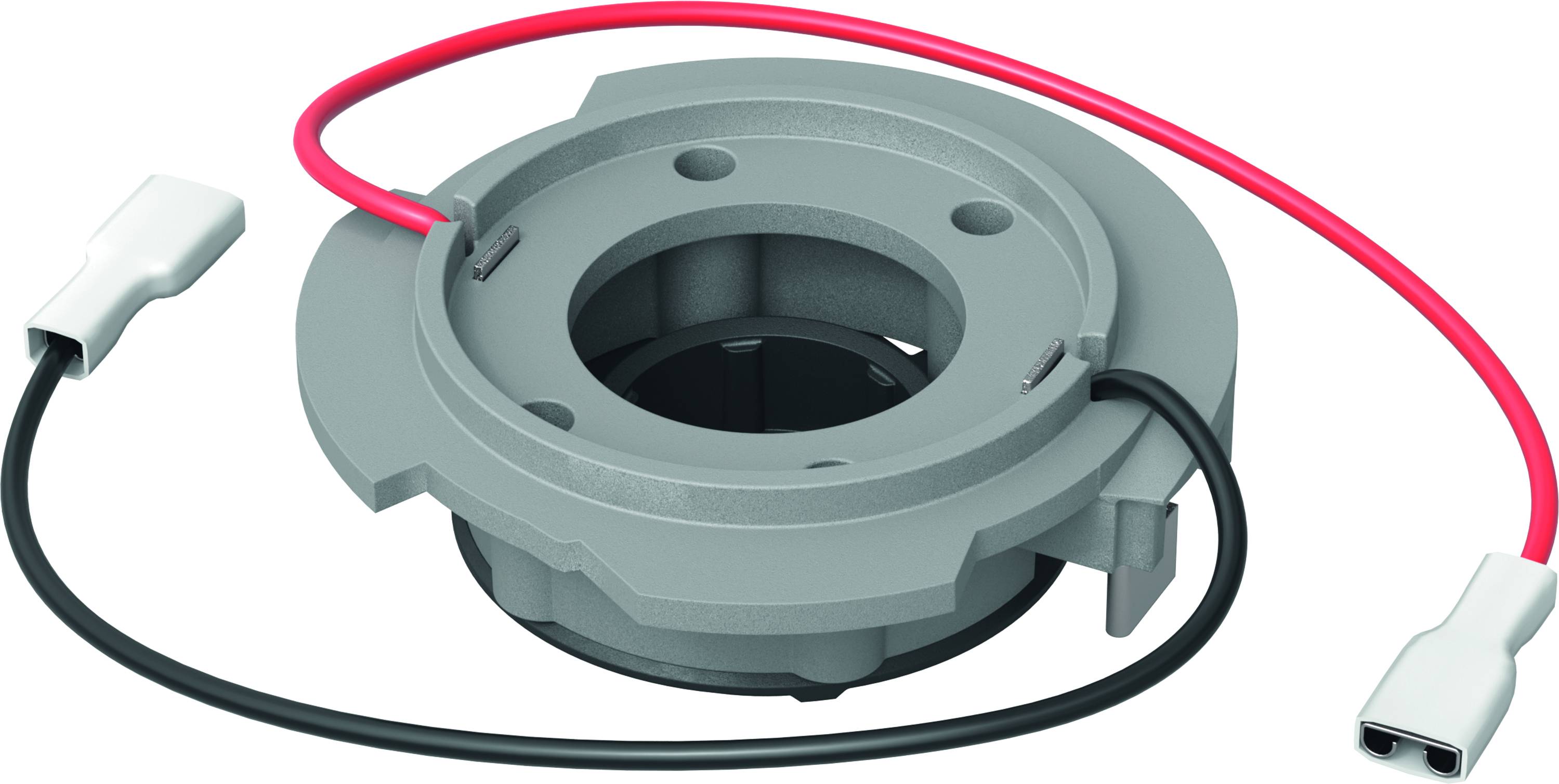 Grijs mechanisch onderdeel met rood en zwart kabel; vermoedelijk deel van een elektrisch systeem.