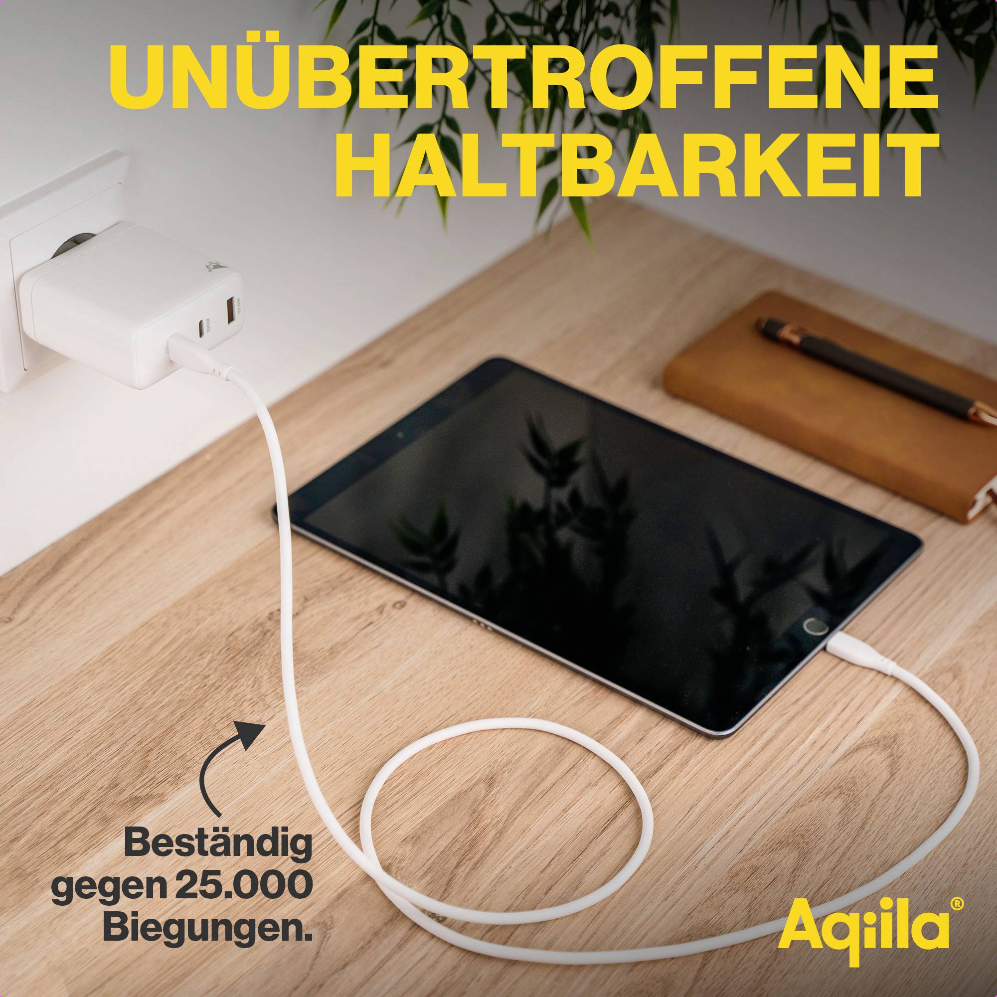 Een tablet is via een USB-kabel aangesloten op een stopcontact. Tekst legt uit 'Ongeëvenaarde duurzaamheid' en 'Bestendig tegen 25.000 buigingen'.