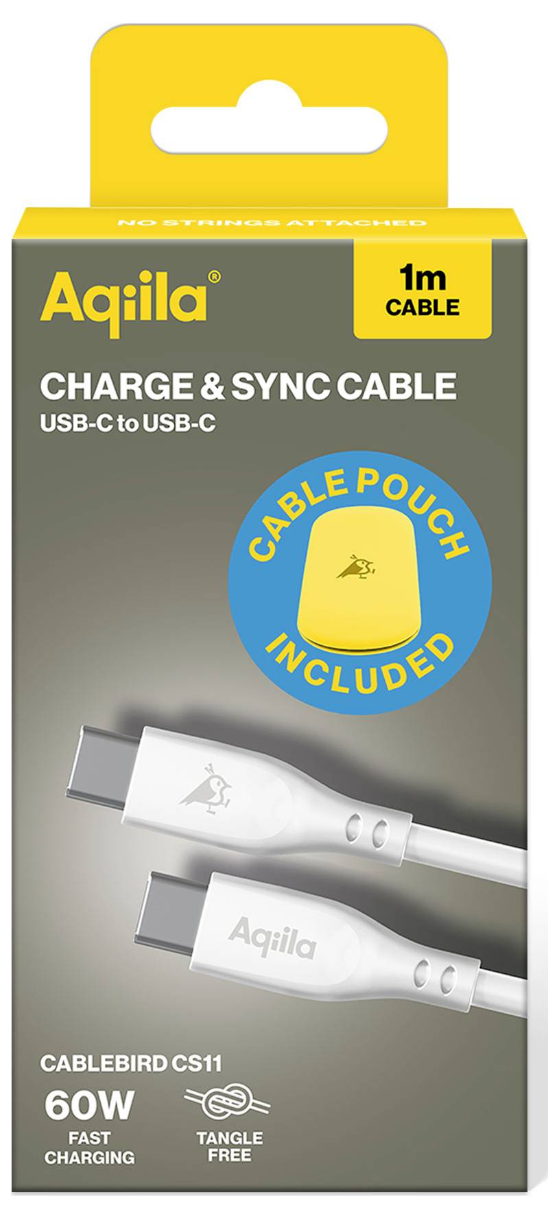 USB-C-kabel, 1 m lengte, productnaam 'Aqila', inclusief kabeltas, ondersteunt snel opladen tot 60 W, knoopvrij.