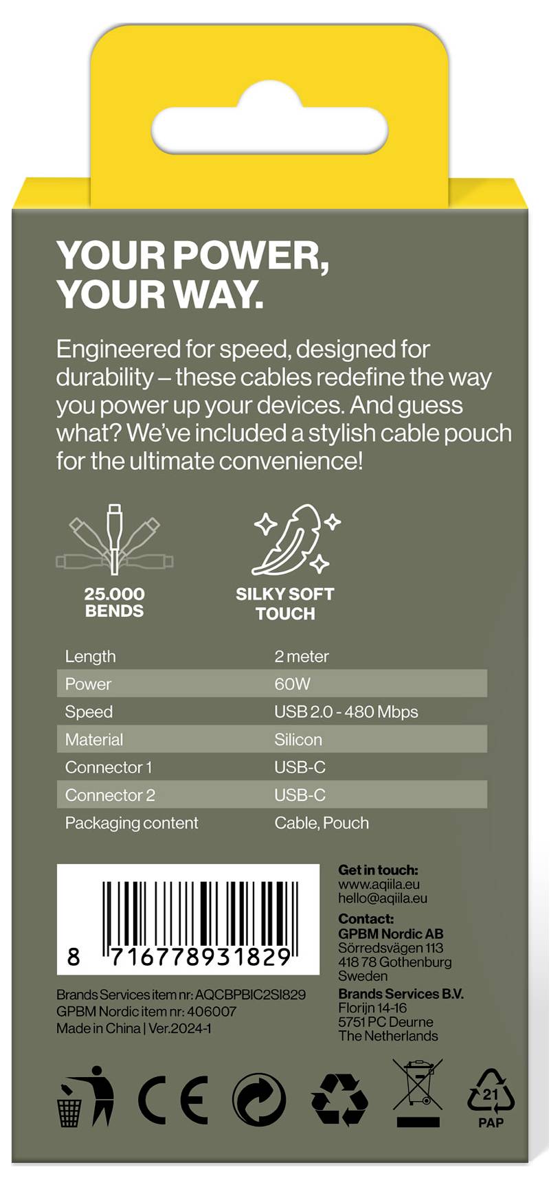 Achterkant van de verpakking van een USB-kabel: Lengte 2 m, Vermogen 60 W, Snelheid 480 Mbps, Aansluitingen USB-C. Inclusief kabeltas.