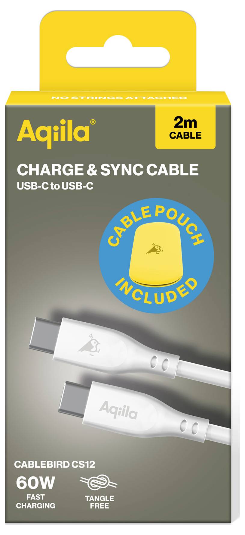Verpakking van een Aquila USB-C naar USB-C kabel, 2 meter lang, met 60W snellaadfunctie, inclusief kabeltas.