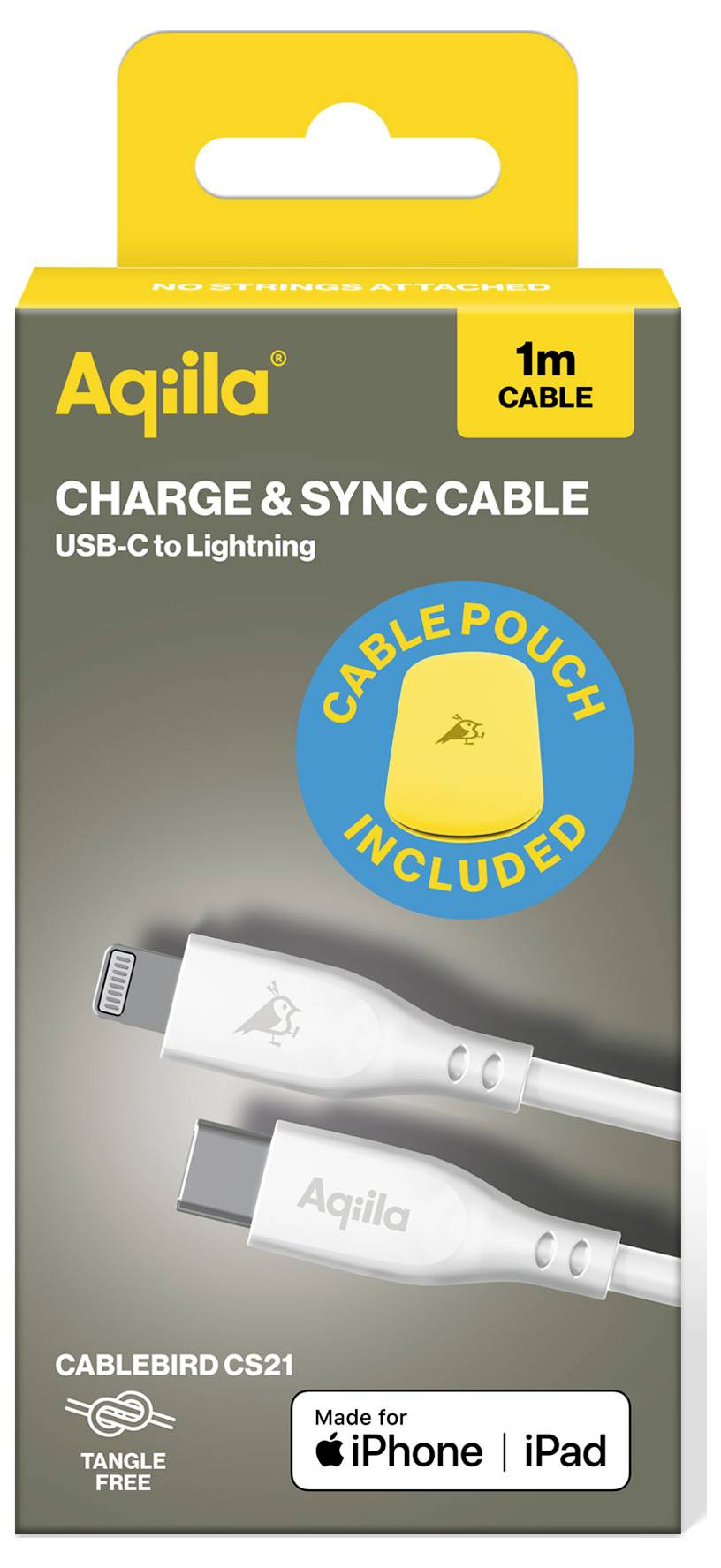 'Packaging of a 1m long USB-C to Lightning cable by Aquila. Compatible with iPhone and iPad. Includes cable pouch. Cable is tangle-free.'