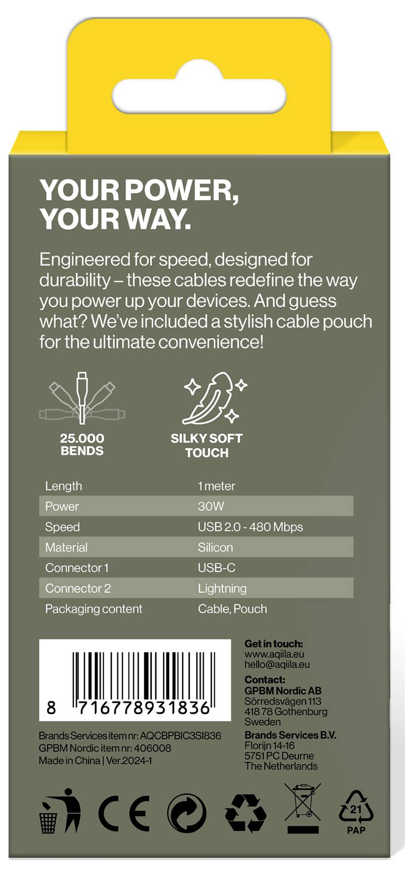 'Afbeelding van een productverpakking voor een USB-C-kabel, toont specificaties zoals 36W vermogen en siliconemateriaal met 25.000 buigingen.'