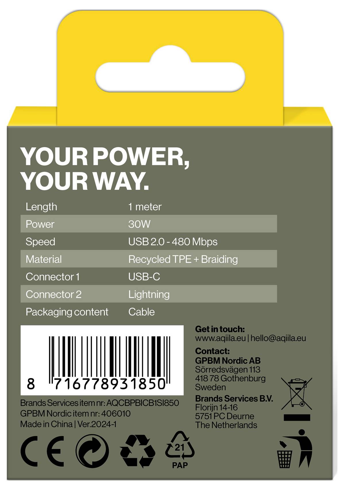 USB-C-kabel' op grijze verpakking. Technische specificaties: 30W, 2m lengte, gerecycled TPE, USB 2.0 480 Mbps. Gemaakt in China. Contactadres vermeld.