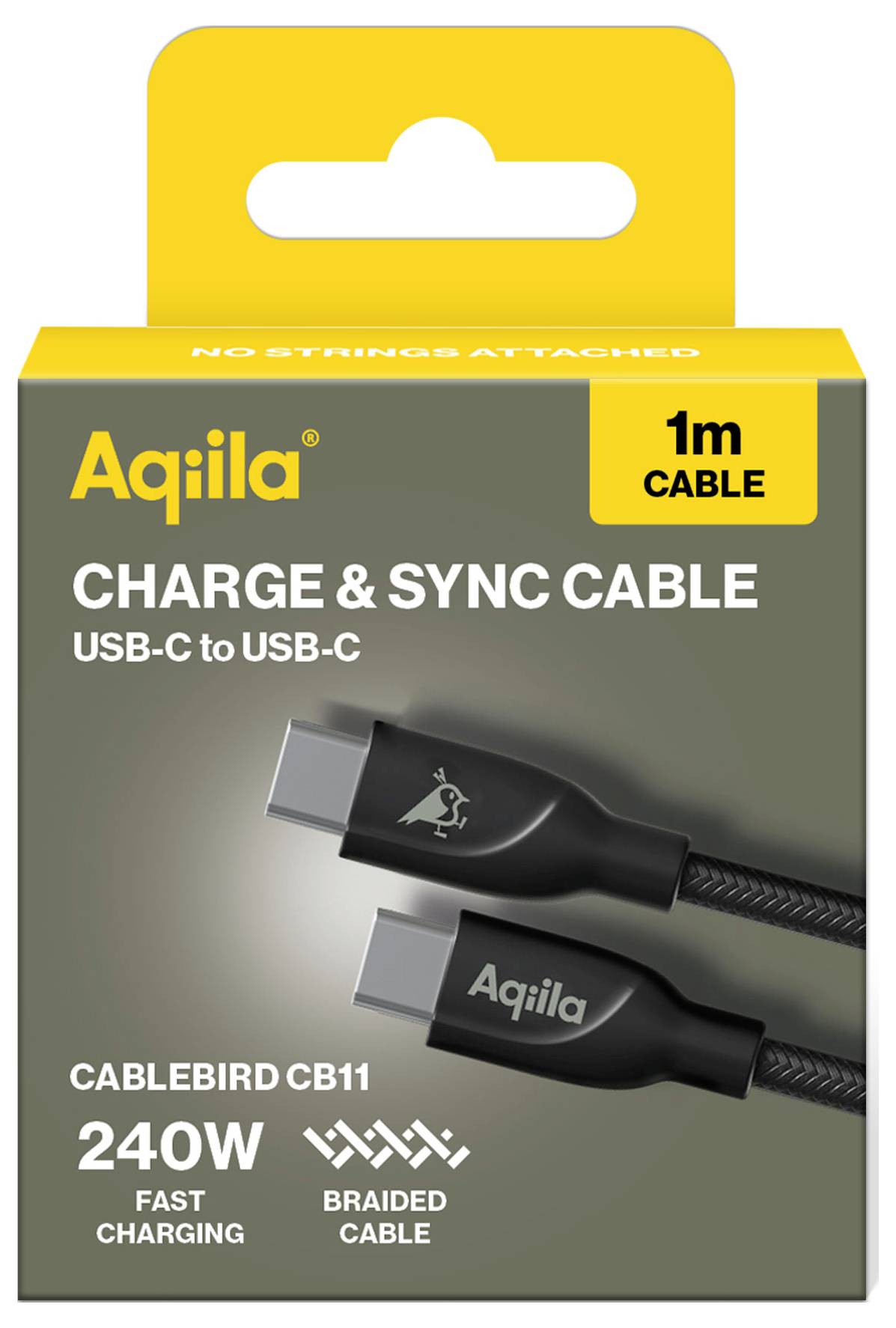 'USB-C naar USB-C oplaadkabel van Aquila, 1m lang, 240W snelladen, gevlochten kabel.'