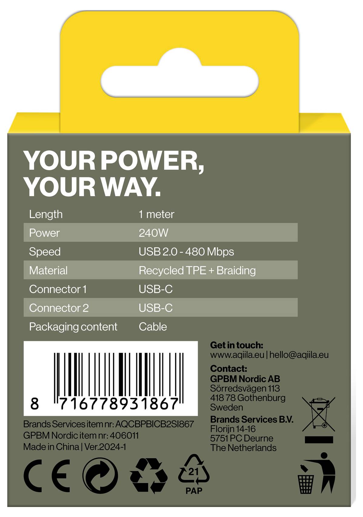 De verpakking van een 240W USB-C kabel toont specificaties: 1 meter lengte, snelheid 2.0 - 480 Mbps, gerecycled TPE, fabricage- en contactgegevens.