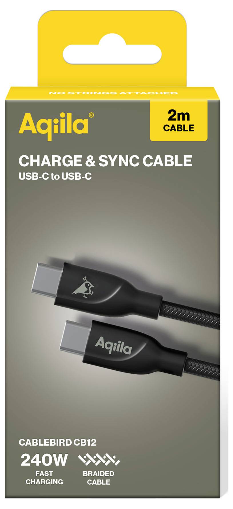 Een verpakking toont een 2m lang USB-C naar USB-C kabel van het merk 'Aqiila' met 240W snellaadfunctie en gevlochten ontwerp.